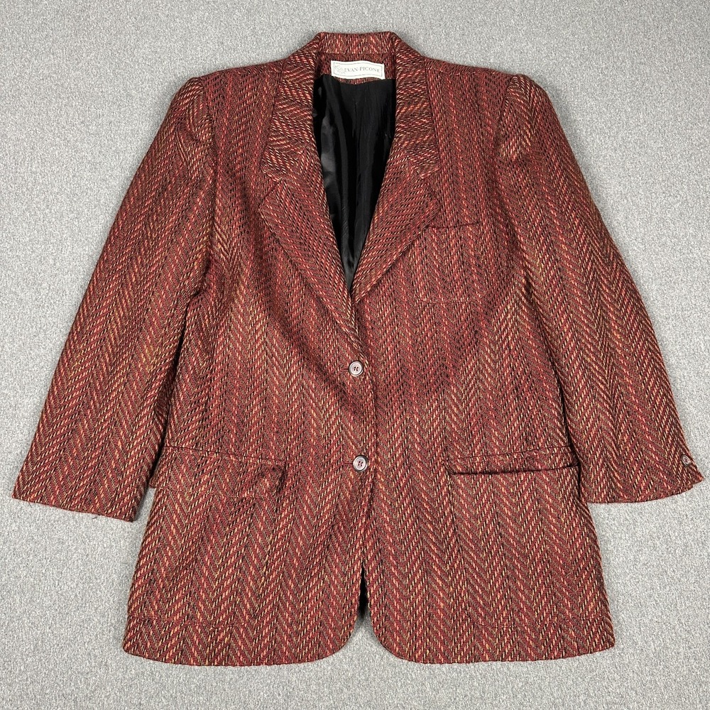 Vintage Evan Picone Wool Herringbone Blazer Womens 14 Red Tweed Jacket USA Made